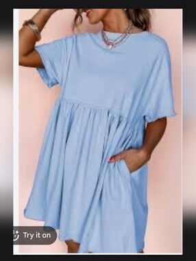 HannaBanna Sky Blue Solid Color Pocketed Raw Edge Babydoll Dress - Sz SM